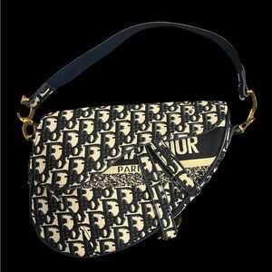 Christian Dior Blue Oblique Jacquard Saddle Shoulder Bag, Medium Size Pristine